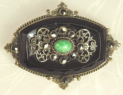Lovely Antique Black Glass and Filigree Pin