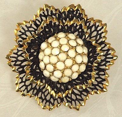 Unsigned and Fabulous Dimensional Flower Brooch with Glass Center