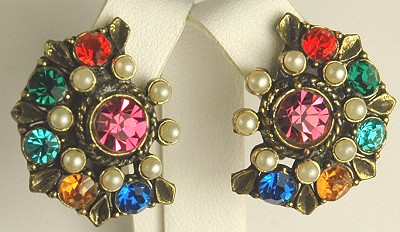 Exquisite Older Coro Multi- colored Rhinestone and Faux Pearl Earrings