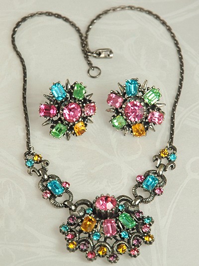 Very Old CORO Rhinestone Necklace and Screw- back Earring Set