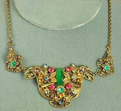 Vintage CZECHOSLOVAKIAN Brass Filigree Necklace with Rhinestones and Glass Signed