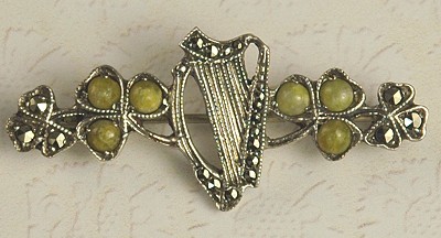 IRISH SILVER Shamrock and Harp Pin with Marcasite and Green Stones