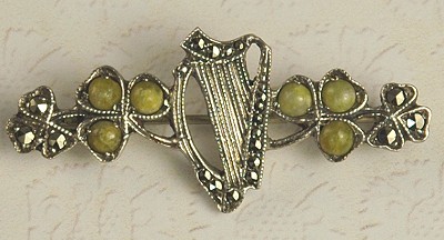IRISH SILVER Shamrock and Harp Pin with Marcasite and Green Stones
