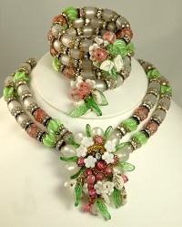 Spectacular Vintage Floral Motif Necklace and Wrap Bracelet Set Signed HOBE