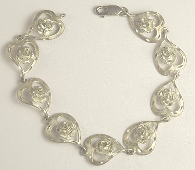 Pretty Sterling Rose on Heart Link Bracelet