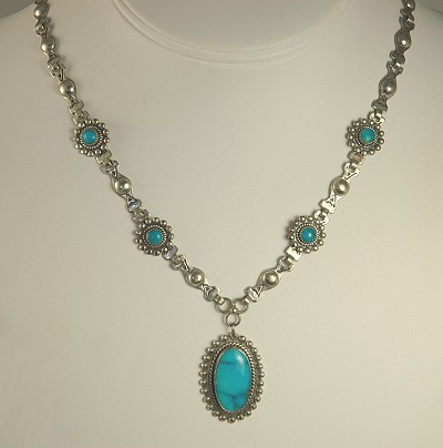 Turquoise and Sterling Silver NAVAJO Medallion Necklace Signed J. YIKAASBA POPOVICH