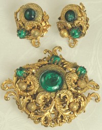 Ornate Russian Gold Plated and Glass Brooch Earring Set Signed MIRIAM HASKELL