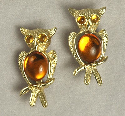 Vintage Hoot Owl Scatter Pins with Topaz Cabochon Bellies