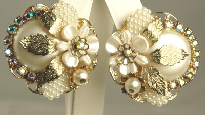 Summery Layered Faux Pearl and Rhinestone Clip- on Earrings