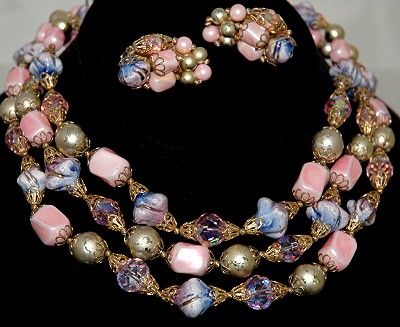Astonishing Unsigned 1950s Triple Strand Beaded Necklace and Earring Set