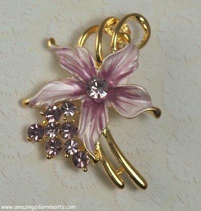 Lovely Purple Enamel and Rhinestone Floral Pin