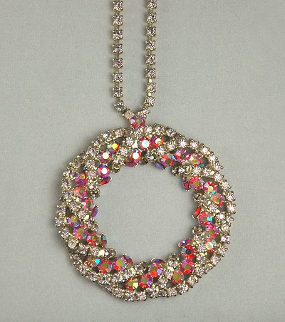 Flamboyant Lavender and Red Aurora Borealis Rhinestone Pendant Necklace