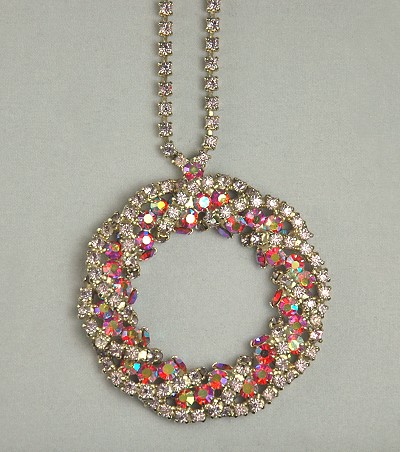 Flamboyant Lavender and Red Aurora Borealis Rhinestone Pendant Necklace