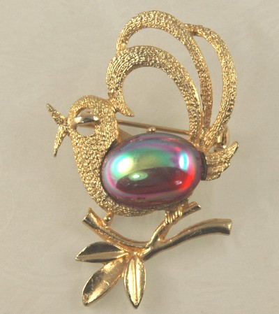 Charming Chirping Bird Brooch with Iridescent Cabochon Belly