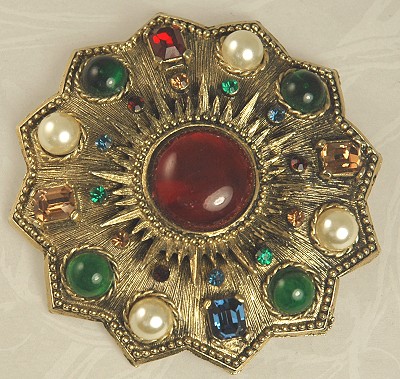 Vintage Anglo Saxon Look Disc Brooch with Rhinestones, Faux Pearls and Cabs