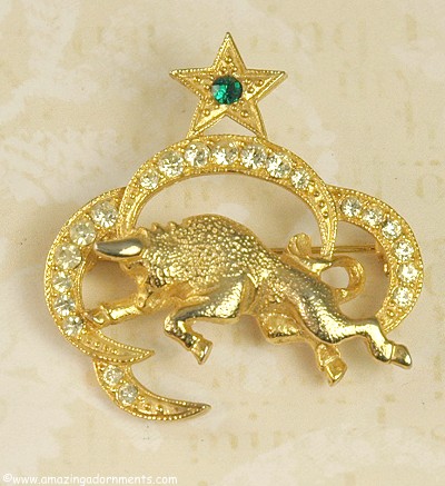 Exceptional Vintage Taurus the Bull Pin with Rhinestones Signed ST. LABRE
