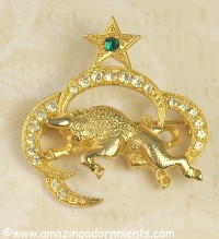 Exceptional Vintage Taurus the Bull Pin with Rhinestones Signed ST. LABRE