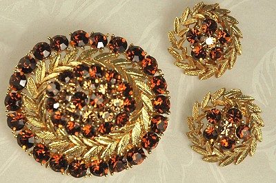 Vintage Signed LISNER High Domed Rhinestone Brooch and Earring Set