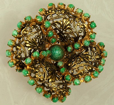 Wavy Filigree and Glass European Brooch with Trombone Clasp