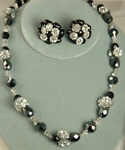 Vintage VENDOME Black and Clear Crystal Necklace and Earring Set