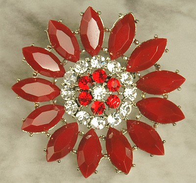 Vintage Red Glass and Clear Rhinestone Brooch Signed WEISS