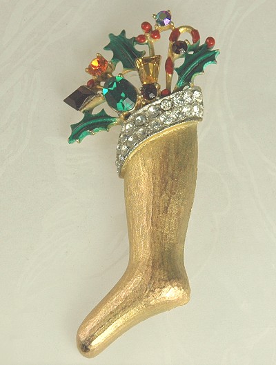 WEISS Christmas Stocking Pin Stuffed with Rhinestones and Holly