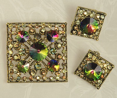 Watermelon Rivoli Rhinestone Brooch and Earring Set Signed WEISS