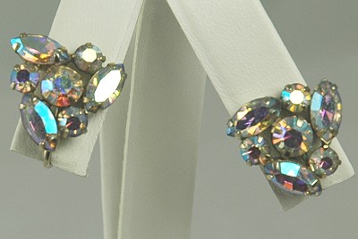 Vintage Multi- colored Aurora Borealis Rhinestone Earrings Signed SHERMAN