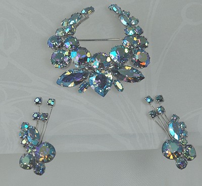 Fiery Blue Aurora Borealis Demi Parure Signed SHERMAN