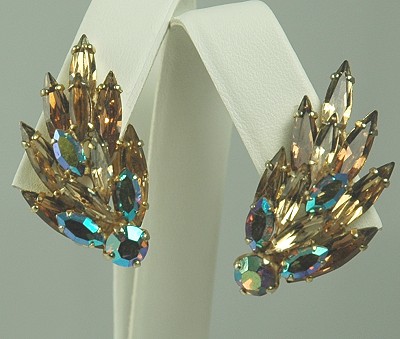 Tantalizing Champagne, Green and Topaz Rhinestone Ear Climbers Signed SHERMAN