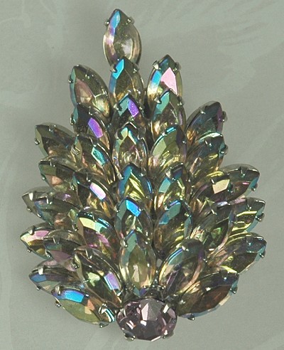 Inspired Pine Cone Shaped Multi- Colored Rhinestone Brooch Signed SHERMAN