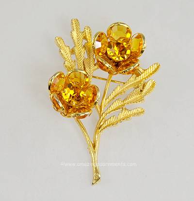 Fanciful Vintage Bezel Set Swarovski Crystal and Amber Rhinestone Floral Pin