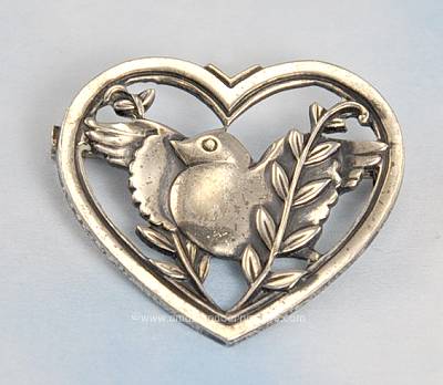 Vintage 1940s Sterling Bird in Heart Frame Brooch Signed PEGASUS CORO