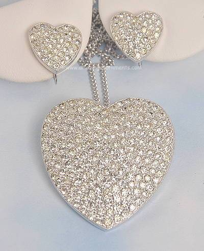 Dreamy Vintage Pav Rhinestone Heart Necklace Brooch Combo and Earring Set