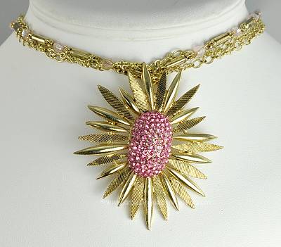 Statement Making Contemporary Pendant Necklace with Pink Rhinestones Signed SEQUIN