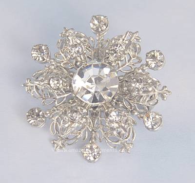 Frosty Vintage Unsigned Clear Rhinestone and Filigree Snowflake Brooch