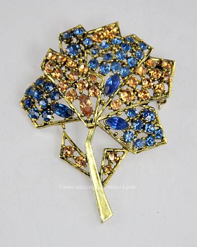 Magnificent Vintage Sapphire Blue and Amber Rhinestone Brooch Signed WEISS