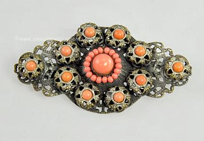 Lovely Antique Filigree and Coral Glass Brooch
