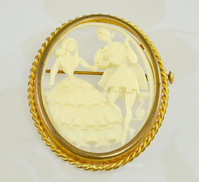 Lovely Old Romantic Galalith Cameo Brooch Signed DEPOSE FRANCE