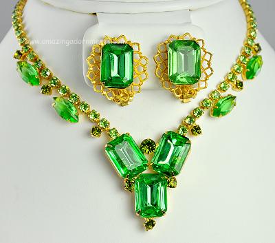 Striking Vintage Emerald Cut Green Glass and Rhinestone Set
