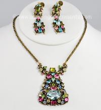Emblematic Vintage Pastel Rhinestone Necklace and Earring Set Signed HOLLYCRAFT