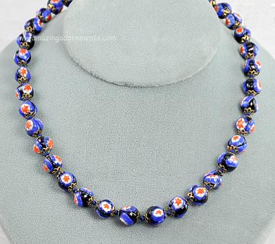 Vintage Red, White and Blue Patriotic Murano Lampwork Glass Bead Necklace