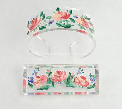 Cheerful Clear Lucite Cuff Bracelet and Brooch Set with Roses