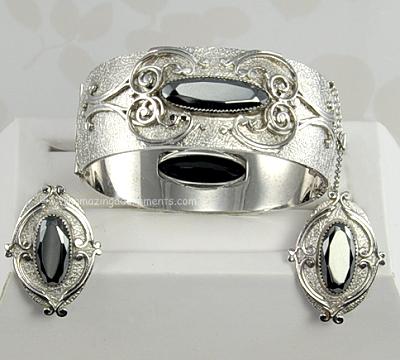 Fashionable Wide Bangle Bracelet and Earring Set with Hematite Stones Signed WHITING and DAVIS