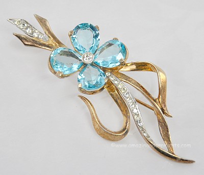 Vintage Signed REJA STERLING Brooch with Glass Clover Flower and Clear Rhinestones