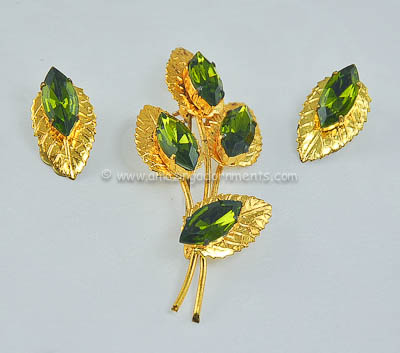 Wispy Vintage Green Rhinestone Foliate Set Signed AUSTRIA