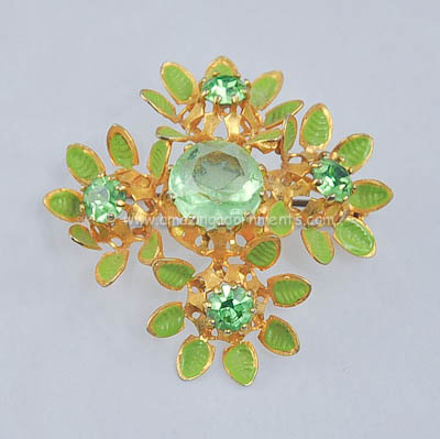 Vintage Spring Green Rhinestone and Enamel Flower Pin Signed AUSTRIA
