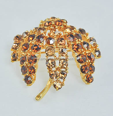 Vintage Signed LISNER Shades of Amber Rhinestone Foliate Brooch