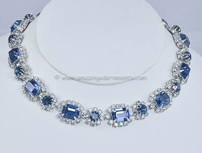 Glamourous Vintage Blue and Clear Rhinestone Necklace Signed KRAMER