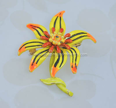 Tropical Colored Vintage Enamel Flower Brooch Signed ART